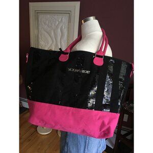 Victoria's Secret large tote black sequin with hot pink handle and bottom
